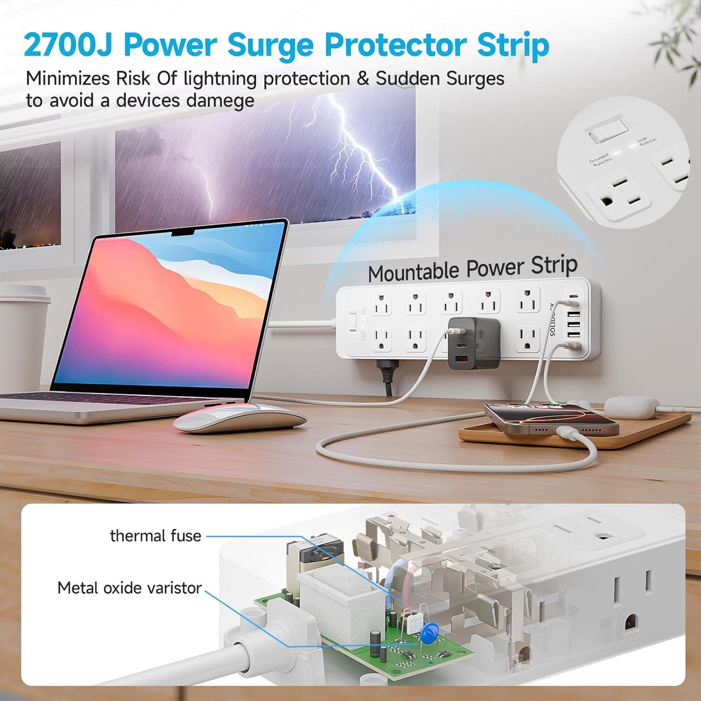 Flat Plug Power Strip Surge Protector with 20 AC Outlets 6 USB Chagring Ports, 1875W/15A, 2700J, Heavy Duty Extension Cord 6 Ft for Home, Office, Dorm, Gaming,ETL Listed (White, 6FT)