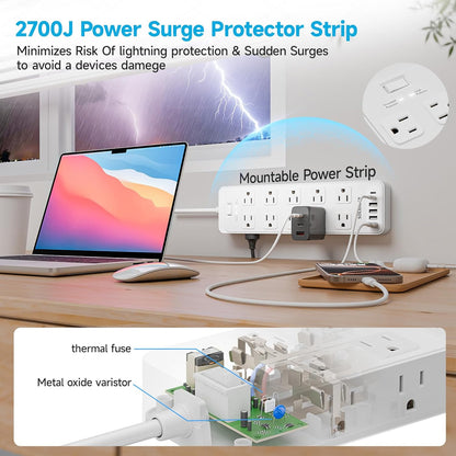 Flat Plug Power Strip Surge Protector with 20 AC Outlets 6 USB Chagring Ports, 1875W/15A, 2700J, Heavy Duty Extension Cord 6 Ft for Home, Office, Dorm, Gaming,ETL Listed (White, 6FT)