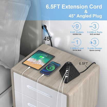 Tower Surge Protector Power Strip, NVEESHOX 9 AC Outlets with 4 USB Ports (1 USB C) 3-Side Triangle Outlets with USB Ports,6.5 Ft,Flat Plug, Charging Station with Surge Protection (Black+6.5 FT)