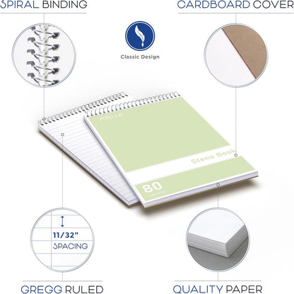 Steno Pads Spiral 6x9-12 Pack Pastel Colors - Perfect for Work, School, and Home Use, Easy Tear-Off Pages, Gregg ruled, White Paper - No Ink Bleeds - 80 Sheets