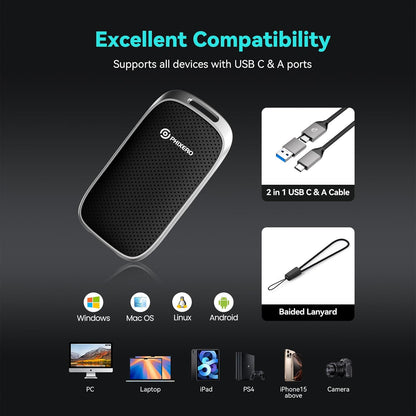 PHIXERO P5 1TB External Portable SSD - 5Gbps External Hard Drive with 2-in-1 USB C to C & USB C to A Cable for PC, Mac, PS5, Xbox | Anti-Shock, Compact Design with Lanyard Hole,Black