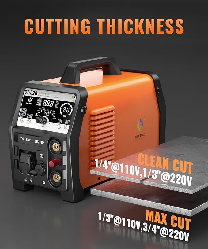 HITBOX Plasma Cutter Welder Combo, 4 IN 1 [Air Sensor Technology] 50Amp HF Non-Touch Pilot Arc TIG Welding with Foot Pedal, 110V/220V 2T/4T Stick/MMA/Pulse TIG, Whole LED Display Screen (CT-520)