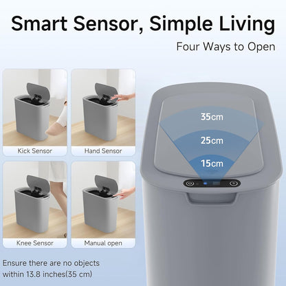 Automatic Motion Sensor Bathroom Trash Can with Lid, 2.6 Gallon Touchless Trash Bin, Smart Garbage Can Plastic Slim Wastebasket for Bedroom, Office, Dorm (Grey)