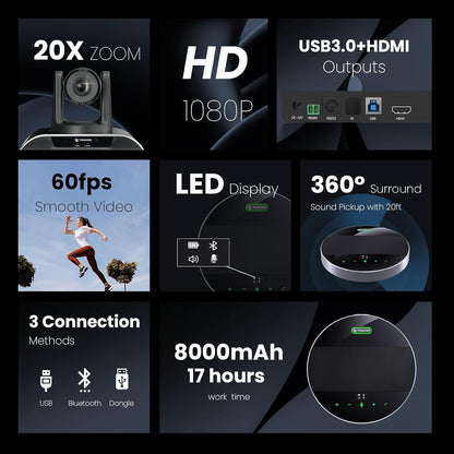 20x Zoom Conference Room Camera System TONGVEO All-in-1 Video and Audio Conferencing System 20X Optical Zoom USB3.0 HDMI PTZ Camera and Conference speaker with microphone Bundle for large Meeting Room