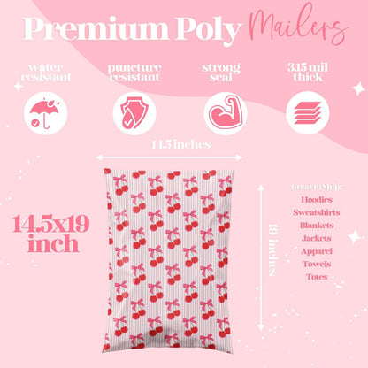 14.5x19 Designer Poly Mailer 100 Pack Heavy Duty Waterproof Self Seal Shipping Bags, Small Business Large Mailing Envelopes Bulk Tear Resistant Packaging Pink Stripe Cherry Fruit