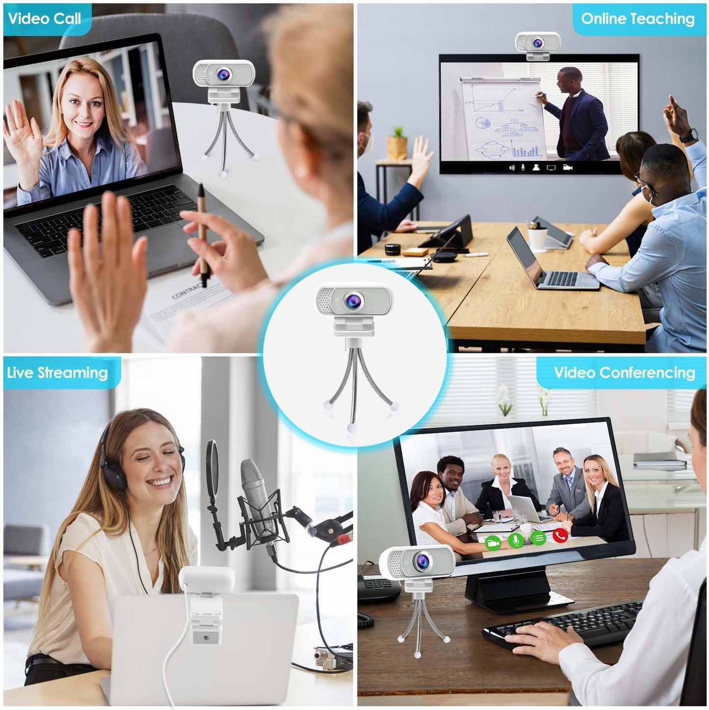 Webcam with Tripod Privacy Shutter: 1080P FHD Web Camera with Mic, Plug & Play USB A USB C Webcam with Stand, White Wide Angle Noise-Canceling Microphone Compact Web Cam for Online Meeting Classes