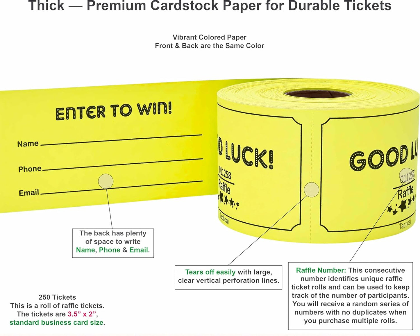 Tacticai 250 Raffle Tickets, Yellow (1 of 8 Colors), Raffle Cards, Entry Form with Name, Phone & Email for Events, Fundraiser & Prizes