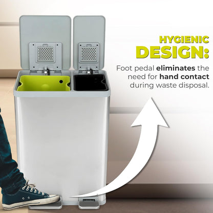 Simpli-Magic 60 Liter / 16 Gallon Rectangular Hands-Free Dual Compartment Recycling Kitchen Step Trash Can with Soft-Close Lid, Brushed Stainless Steel (40L + 20L Capacity)