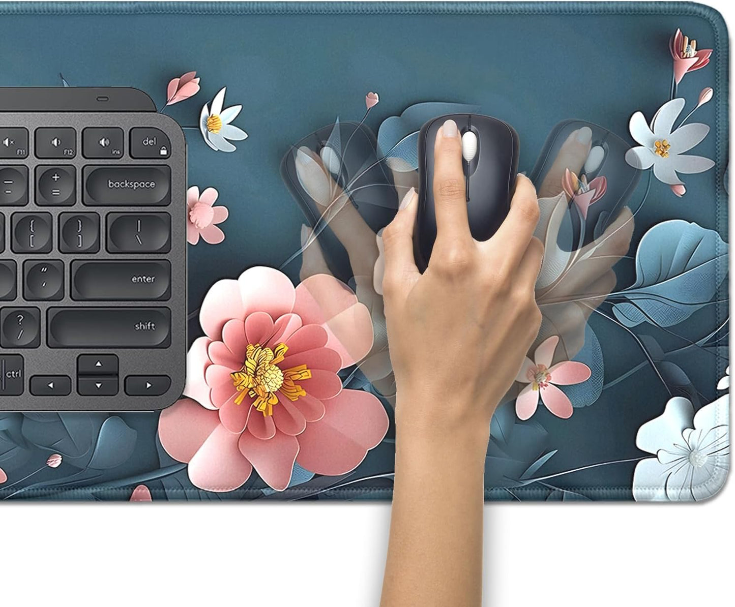 Blue Art Flowers Mouse Pad,Extended Abstract Floral Mousepad Desk Pad with Stitched Edges,Non-Slip Waterproof Rubber Base Mouse Mat for Office Computer Keyboard Laptop Home(27.5x11.8 in)