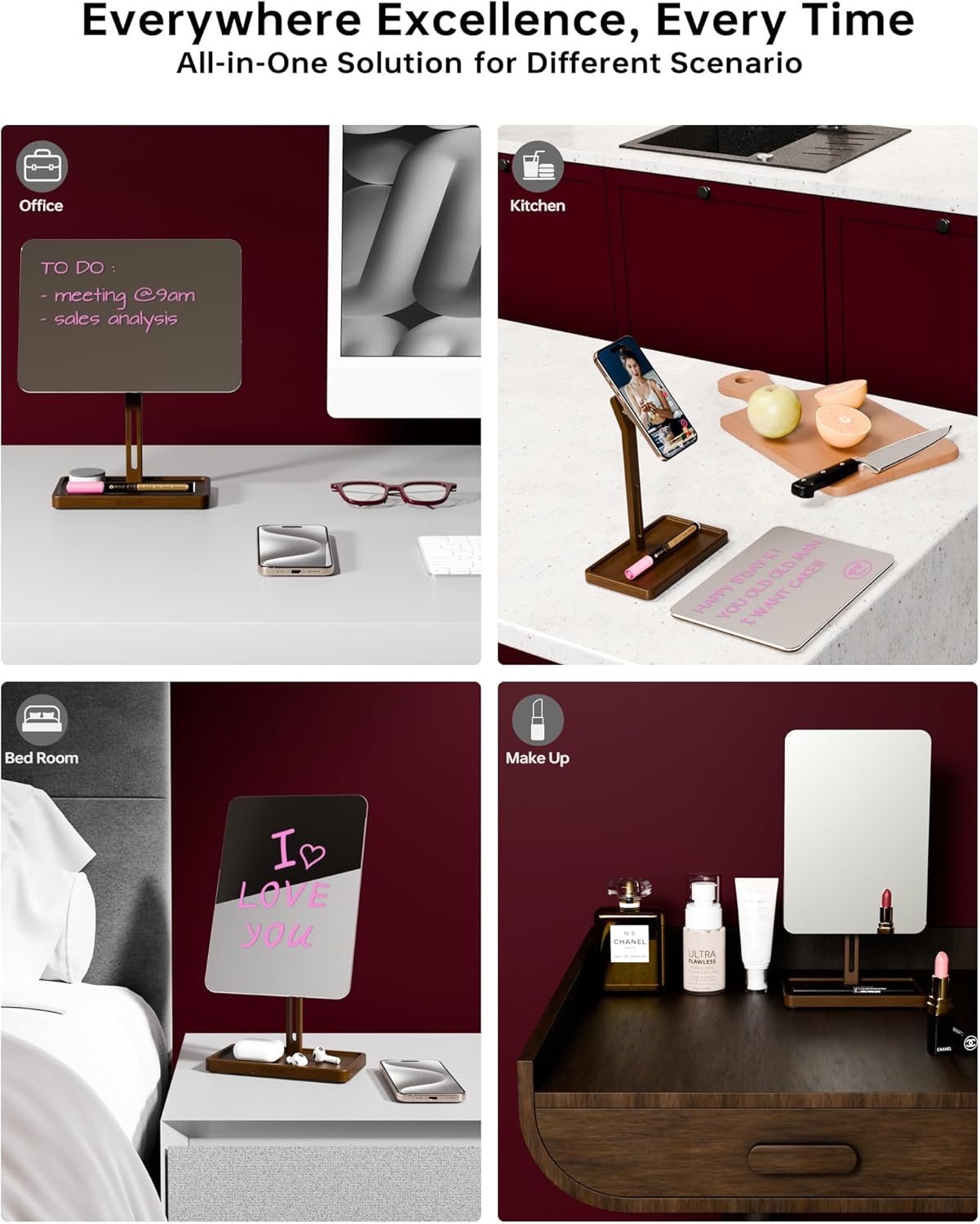 YEOUX Premium Desktop Glass Mirror, Dry Erase Board & Magnetic Phone Stand 3-in-1 | 360° Adjustable | Solid Wood | MagSafe Compatible, Small Whiteboard for Office Home Desk