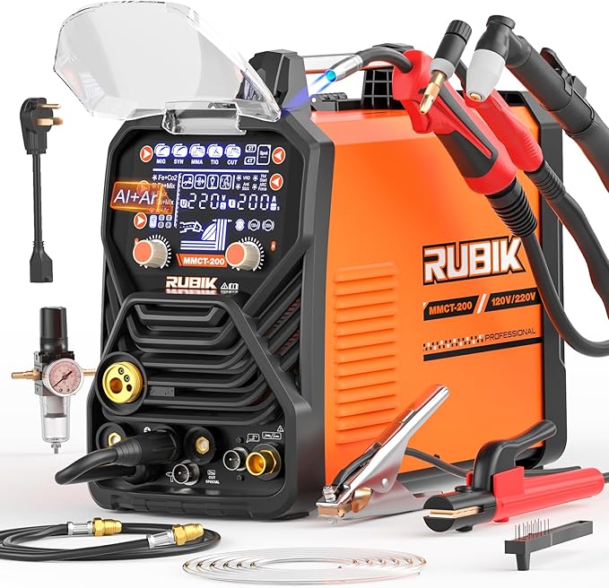 Multiprocess Welding Machine-200A 7 in 1 Welder Combo with HF TIG/Gas MIG/Flux Core MIG/Stick/Plasma Cutter/SYN/Spot/VRD Welding, Spool Gun 110/220V Dual Voltage Aluminum Welder