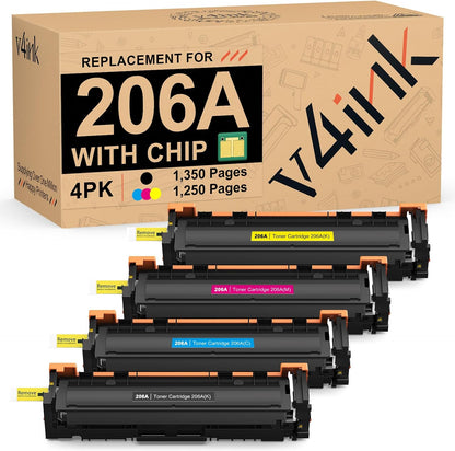v4ink 206A Toner Cartridge 4 Pack (Latest Upgraded Chip) Compatible Replacement for HP 206A 206X W2110A W2111A W2113A W2112A use with HP Color Pro M255 M255dw MFP M283fdw M283cdw M283 M282nw Printer