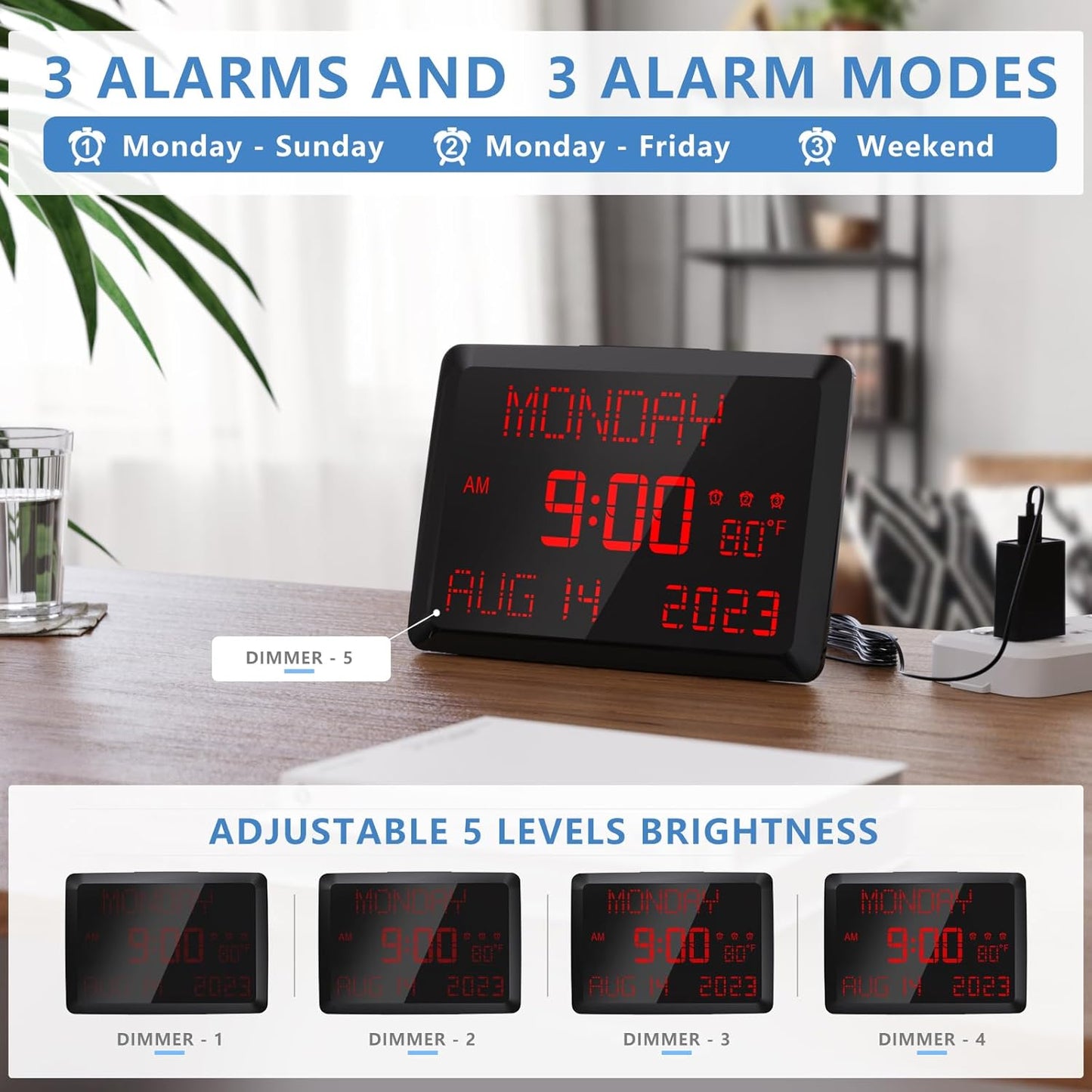 Raynic Digital Clock, 11.5" Large Display Digital Calendar Clock with Day and Date, Indoor Temperature, Adjustable Brightness, Snooze,12/24H, DST for Home, Office, Elderly