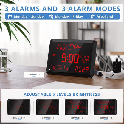 Raynic Digital Clock, 11.5" Large Display Digital Calendar Clock with Day and Date, Indoor Temperature, Adjustable Brightness, Snooze,12/24H, DST for Home, Office, Elderly
