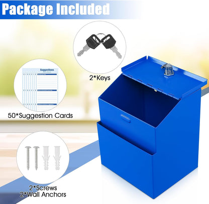 KYODOLED Suggestion Box with Lock, Metal Wall Mounted Donation and Ballot Drop Box with Slot & 2 Keys, 50 Free Suggestion Cards, 8H x 5.7W x 7L Inch, Blue