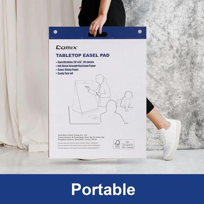 Comix Sticky Portable Tabletop Easel Pads, 20 x 23 Inches Flip Chart Paper for Teachers, Large Self Stick Easel Paper for Office School Supplies, 20 Sheets/Pad, 2 Pads/Pack