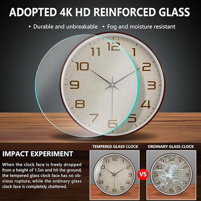 Woodgrain Wall Clocks Battery Operated 12 Inch with Linen Texture Face, Large Number Silent Digital Wall Clock, Non Ticking Analog Clock for Bedroom Living Room Bathroom Kitchen Office,Brown
