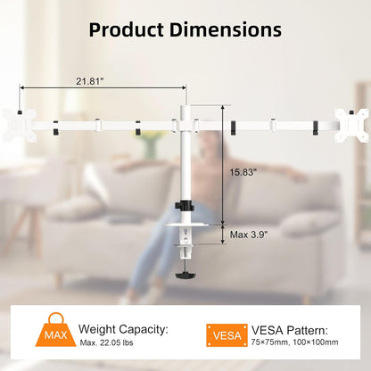 Pholiten Dual Monitor Stand, Heavy Duty Adjustable Monitor Arm Desk Mount for 2 Screens up to 42Inches, Tilt, Swivel, Rotate, Supports Tilt, Swivel, Rotate, Supports 22 lbs per Arm,White