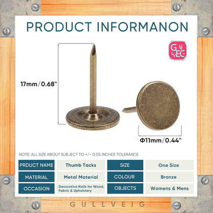 Gullveig Bronze Push Pins and Thumb Tacks: Heavy Duty Flat Upholstery, Long Carpet Tacks, and Decorative Nails for Wood and Fabric, 50 Count