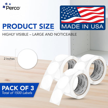 Perco White 2-Inch Round Circle Dot Sticker Labels - Multi-Roll Pack (3 Rolls, 500 Labels Each) - Permanent Adhesive, Vibrant Colors, Strong Hold - Perforated for Easy Use - Made in USA