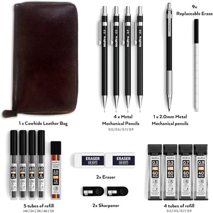Nicpro 20PCS Black Metal Mechanical Pencil Set in Leather Case, 0.3, 0.5, 0.7, 0.9 mm & 2mm Lead Pencil Holders, (4B 2B HB 2H) Lead Refills (Black & Colors), Erasers For Art Drafting Sketching Drawing