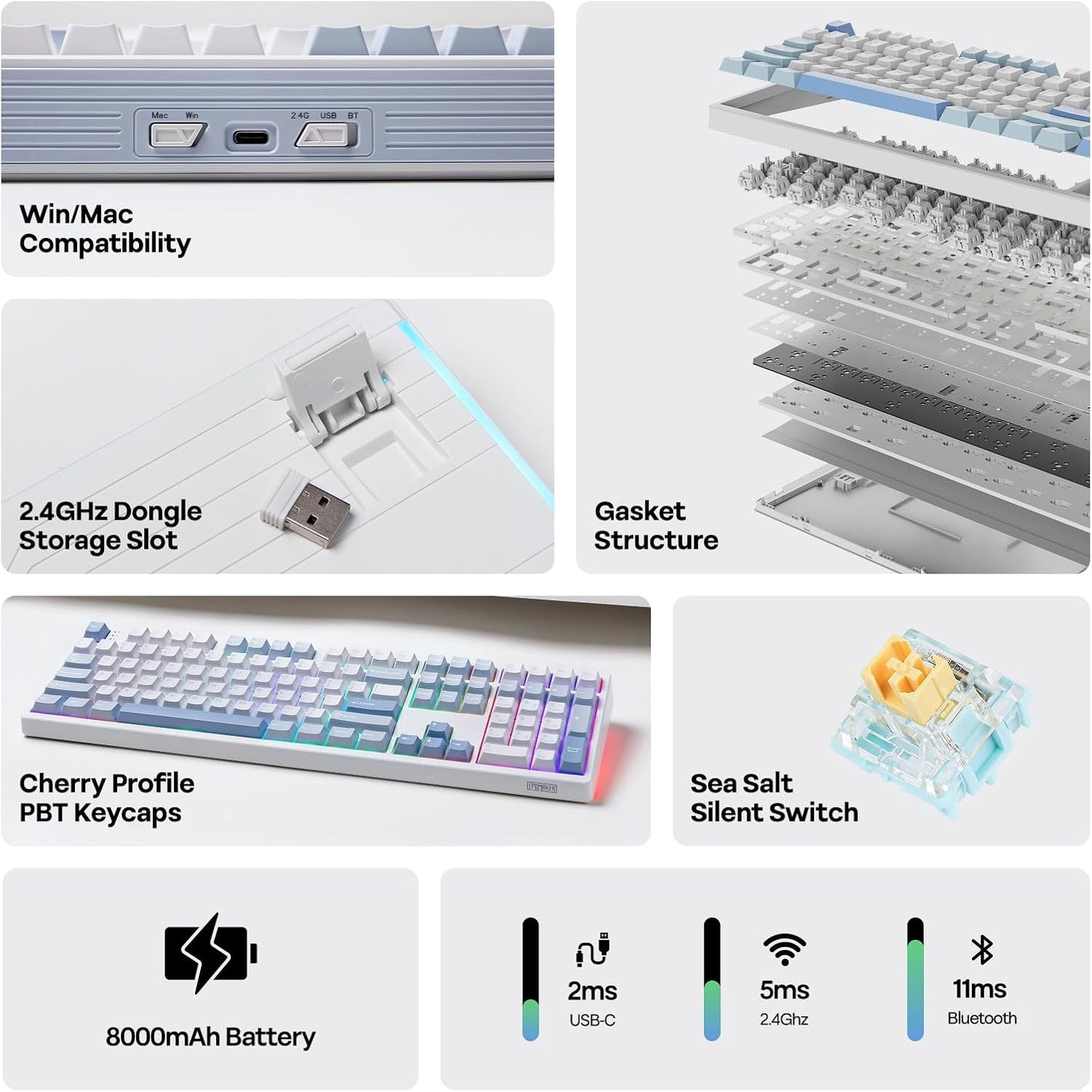 EPOMAKER TH108 Full Size Mechanical Keyboard, Wireless Gaming Keyboard with 8000mAh Battery, Creamy Gasket, 108 Keys, Hot Swap, Custom Driver, RGB Backlight (Blue&White, Sea Salt Silent)