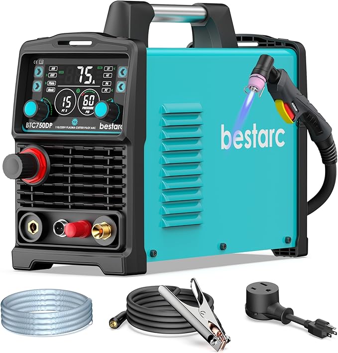 bestarc Plasma Cutter, [Pilot Arc][Large LED Display][Air Sensor] 75A bestarc Plasma Cutter Machine 110/220V Dual Voltage, 1/2 Inch Clean Cut 1.2 Inch Max Cut, Post Flow Mesh, 2T/4T for Beginners DIY