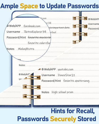 WEMATE Password Book with Alphabetical Tabs, Spiral Password Keeper Book for Seniors, Internet Password Notebook Password Journal Logbook Log in Detail, Small – 4.7''x 6'' (Navy Blue)