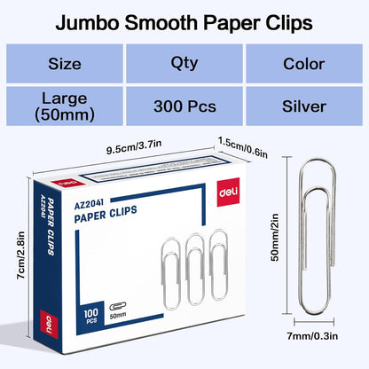 Deli Jumbo Paper Clips Smooth, 300 Large Paper Clips, 3 Boxes of 100 Each, Silver