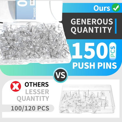 150 PCS Clear Push Pins Tacks Count in Reusable Box for Bulletin Boards and Wall Displays Heavy Duty Plastic Head