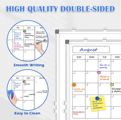Monthly Calendar Dry Erase Whiteboard for Wall, 24" x 18" Magnetic Calendar White Board, Double-Sided Portable Board for Office, Kitchen, School, Home