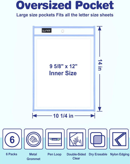 SUNEE 6 Packs Oversized Reusable Dry Erase Pocket Sleeves with Binder Ring, 6 Morandi Colors 10x14 Ticket Holders, Clear Plastic Sheet Protectors, Teacher School Classroom Supplies