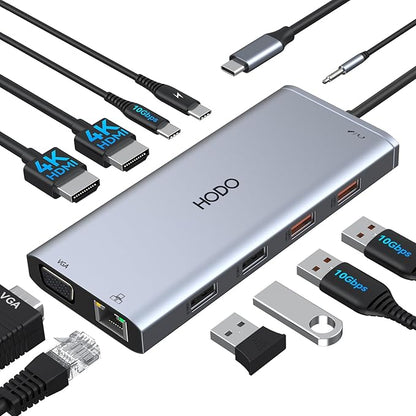 USB C Docking Station Dual Monitor for Dell HP, Laptop Docking Station 3 Monitors USB C Hub Dock to 2 HDMI 4K, VGA,Ethernet,10Gbps USB A/C Port, 100W PD Port, Audio, Type C Adapter 11 in 1 for Lenovo