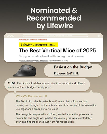 ProtoArc Ergonomic Mouse, EM11 NL Bluetooth Rechargeable Wireless Vertical Mouse, 3 Multi-Device Connectivity for Computer/PC/Laptop, 2.4GHz Optical Mice for Windows, Mac OS, Black