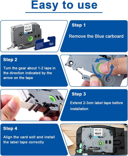TZe TZ Tape 12mm 0.47 Inch Laminated Clear Compatible with P Touch Label Tape TZe-131 TZe131 for Ptouch PT-H110 D200 D210 D220 D400 D600 D610BT PTD220 Label Maker, Black on Clear