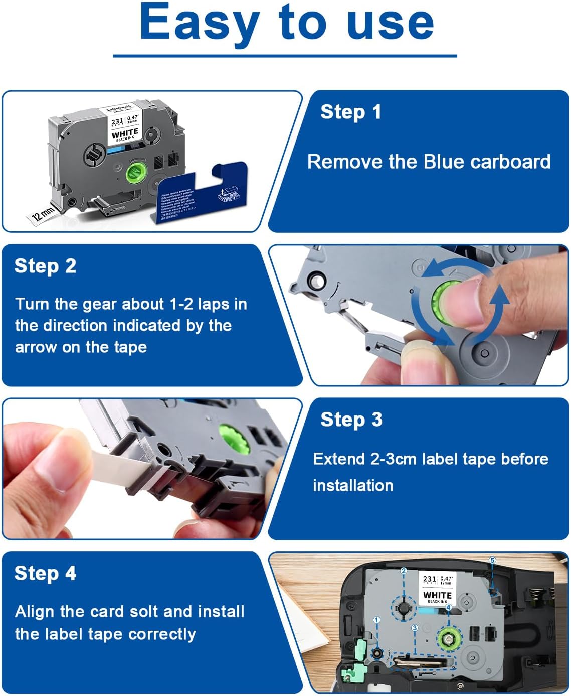 6-Pack TZe 12mm 0.47 Laminated Multi Color Compatible for P Touch Label Tape TZ TZe-231 131 431 531 631 for PTouch PT-H110 D210 D220 PT-H103W, Clear/White/Red/Blue/Yellow/Green