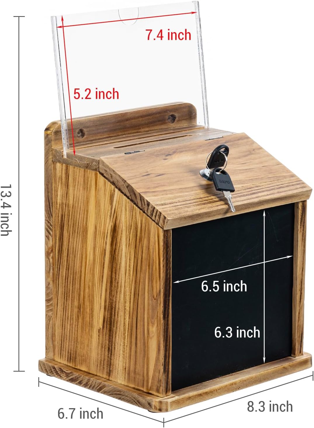 MyGift Rustic Burnt Wood Wall Mountable Fundraising Donation Suggestion Box / Comment Ballot Box with Lock and Key, Clear Acrylic Sign Holder and Chalkboard Surface
