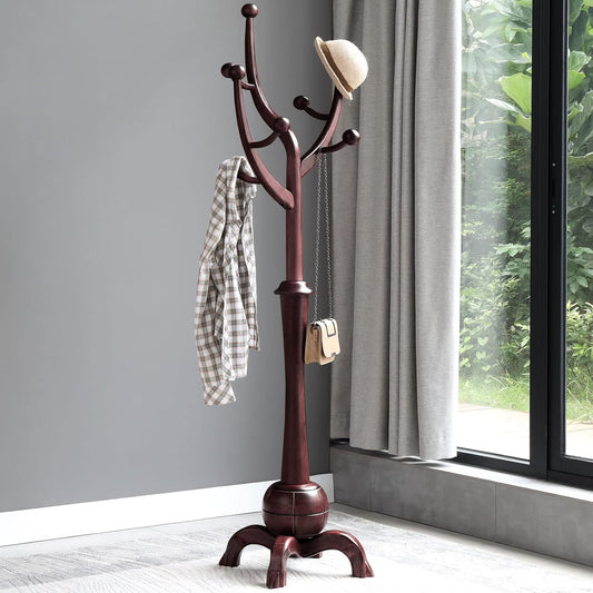 Coat Rack Freestanding Wood Tree Rack with 8 Hooks, Creative Design Tree Branch-look, Coat Tree Clothes Hanger Stand with Stable Sphere Base for Entryway, Hallway, Bedroom (Wine Red)