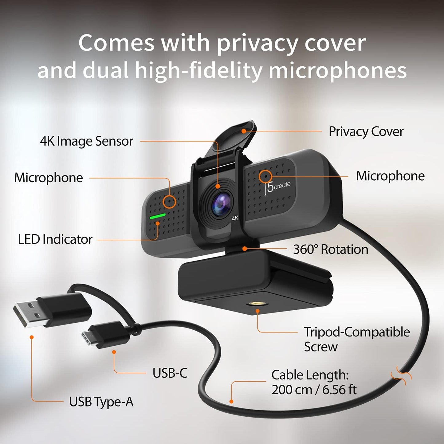 j5create 4K Wide Angle Webcam with Microphone/Privacy Cover for Video Conferencing, Streaming, Recording and Online Teaching, Supports Zoom, Skype, Teams, OBS and More (JVU430)