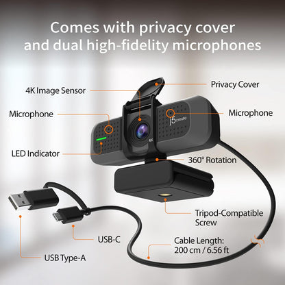 j5create 4K Wide Angle Webcam with Microphone/Privacy Cover for Video Conferencing, Streaming, Recording and Online Teaching, Supports Zoom, Skype, Teams, OBS and More (JVU430)
