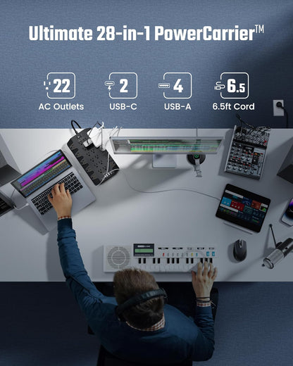Power Strip, SUPERDANNY Surge Protector with 22 AC Outlets, 2 USB-C and 4 USB Ports, 1875W/15A, 2100J, 6.5Ft Extension Cord Surge Protector Power Strip with Wall Mount Holes for Home, Office, Dorm