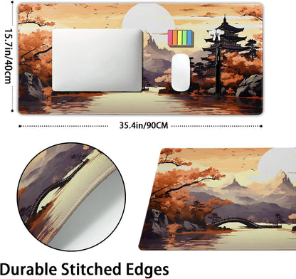 Orange Japanese Sakura Gaming Mouse Pad XXL Yellow Cherry Blossom Mountain Aesthetic Large Desk Mat Big Mousepad Non-Slip Rubber Base Stitched Edge Long Mousepad for Desktop Office, 35.4 x 15.7 in
