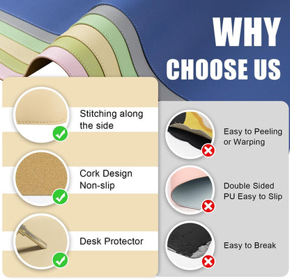 BLESWIN Large Desk Pad 35.4"" x 17"", Non-Slip Desk Mat with PU Leather & Natural Cork, Waterproof Writing Desk Natural Cork, Computer Mat Desk Protector for Office Home, Apricot