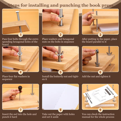 JUPEAN Bookbinding Kit, Book Making Kit, Bookbinding Punching Guide Set, 11.6”x7.9” Hole Punching Book Press Books Binding Materials with Bone Folder Awl Binding Strap for Craft DIY