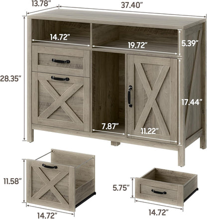 Lateral File Cabinet with 2 Drawers and Door, Farmhouse File Cabinet for A4/Letter Size Hanging Files, Large Wood File Storage Cabinets Printer Stand with Open Space for Home Office Furniture, Grey