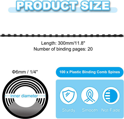 PATIKIL 6mm (1/4") Plastic Binding Combs, 100 Pcs 21 Rings Comb Binding Spines 20 Sheet Capacity Letter Size for Binding Paper Sheets, Black