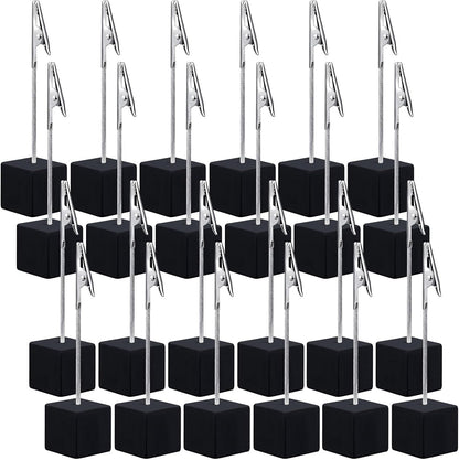 24 Pcs Wooden Memo Clips Holder Lightweight Wood Cube Base with Alligator Clip Clasp Mini Photo Holder Clip Menu Holder for Displaying Number Card (Black)