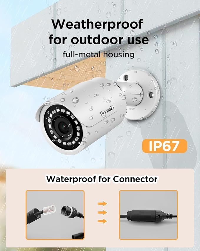 4 Camera Security System, 4pcs 5MP Wired Home Bullet IP PoE Cameras Outdoor with Mic/Audio, AI Human Detection, 100ft IR Night Vision, 4K 8 Channel NVR 2TB HDD for 24/7 Recording, PB37F0408-5M