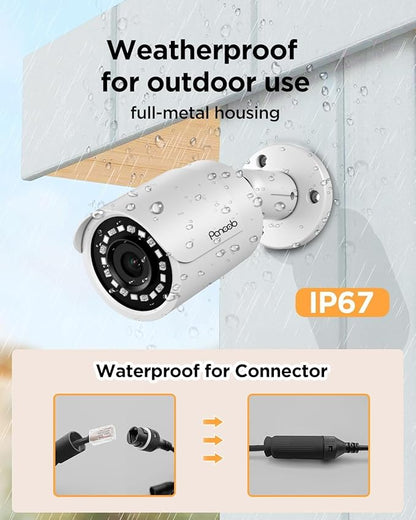 4 Camera Security System, 4pcs 5MP Wired Home Bullet IP PoE Cameras Outdoor with Mic/Audio, AI Human Detection, 100ft IR Night Vision, 4K 8 Channel NVR 2TB HDD for 24/7 Recording, PB37F0408-5M