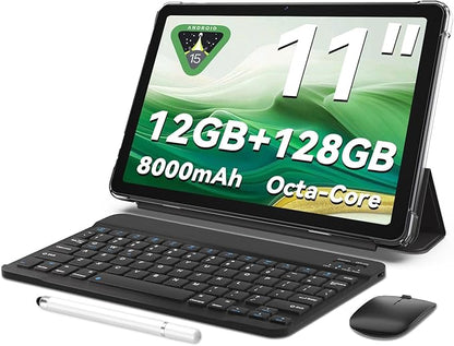 Tablet 11 inch Android 15 Tablets | Octa-core | 12GB RAM+128GB ROM | 8000mAh Tablet with Keyboard | Mouse | Case | Dual Band WiFi | BT 5.0 | GPS | 13 MP Dual Camera (Black with Keyboard)